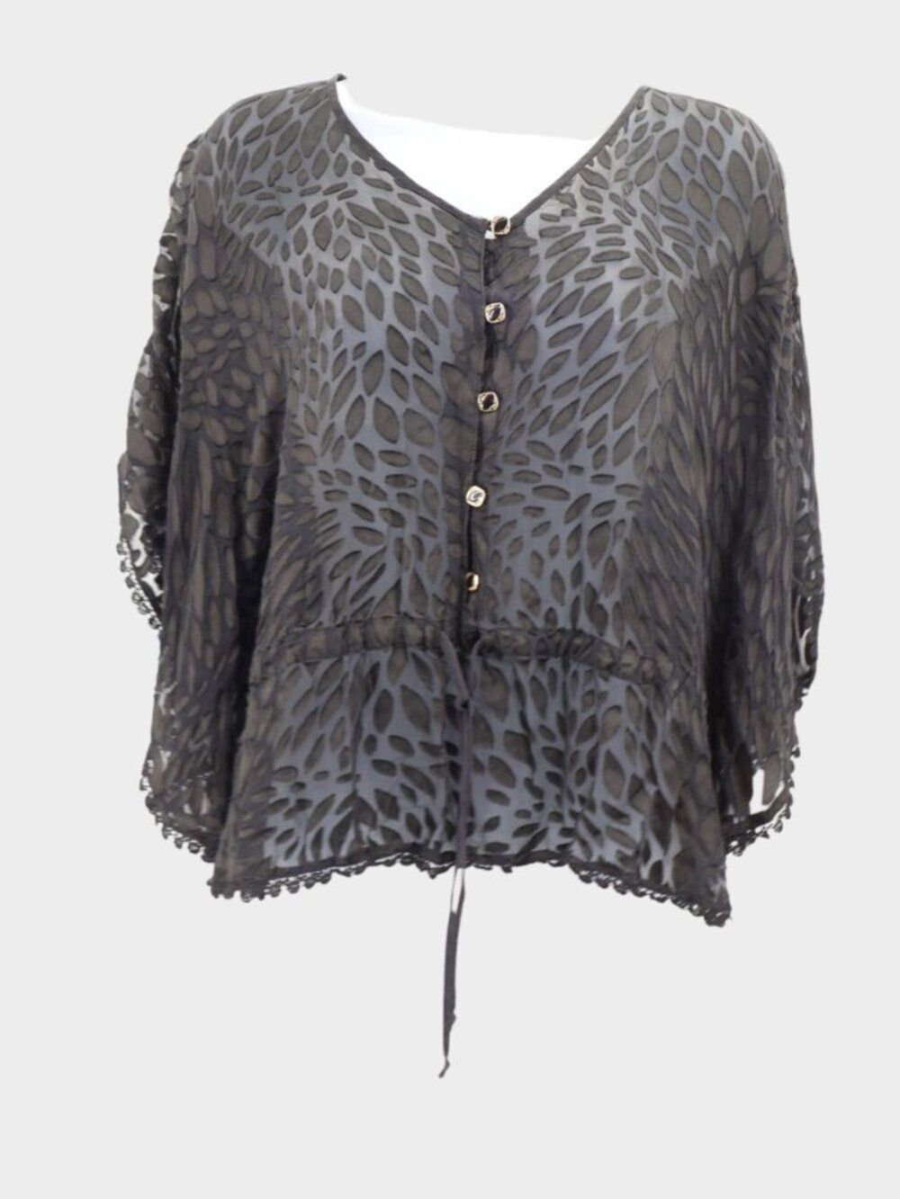 Yummi Kim Black Silk Blend Burnout Sheer Lace Trim Drawstring Top Size M